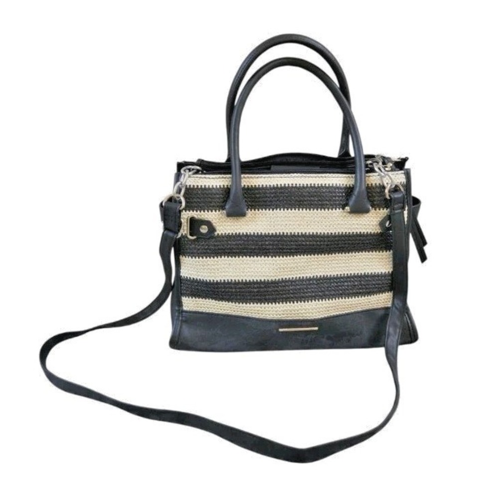 Black Cream Stripe Harper Satchel Straw Like Texture 3 Compartment Shoulder Bag
